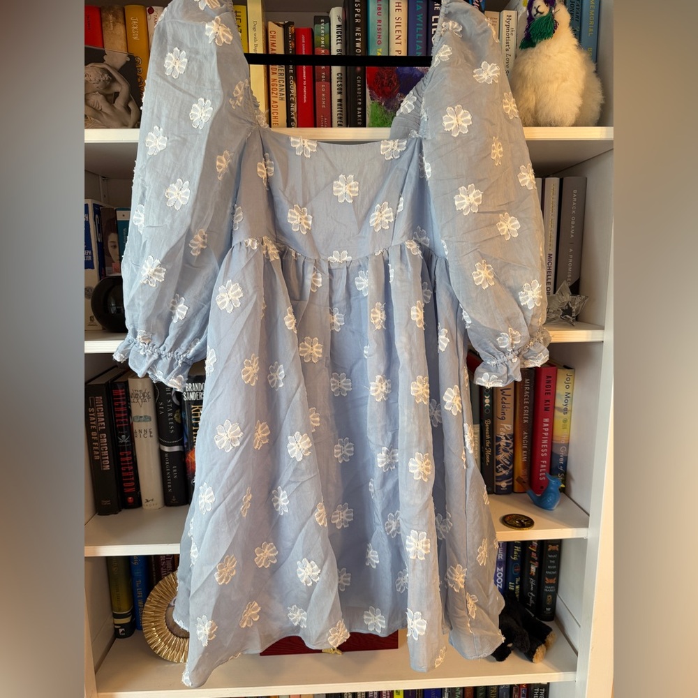 Storia Blue Mini Dress with White Floral Embroidery